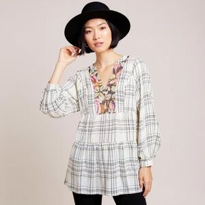Anthro Darlene Metallic Floral Plaid Peasant Split Neck Linen Blend Tunic NWOT